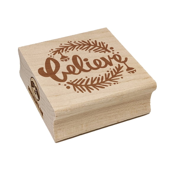 Believe Christmas Holiday Pine Needles and Bells Square Rubber Stamp Stamping Scrapbooking Crafting - Large 2.75in