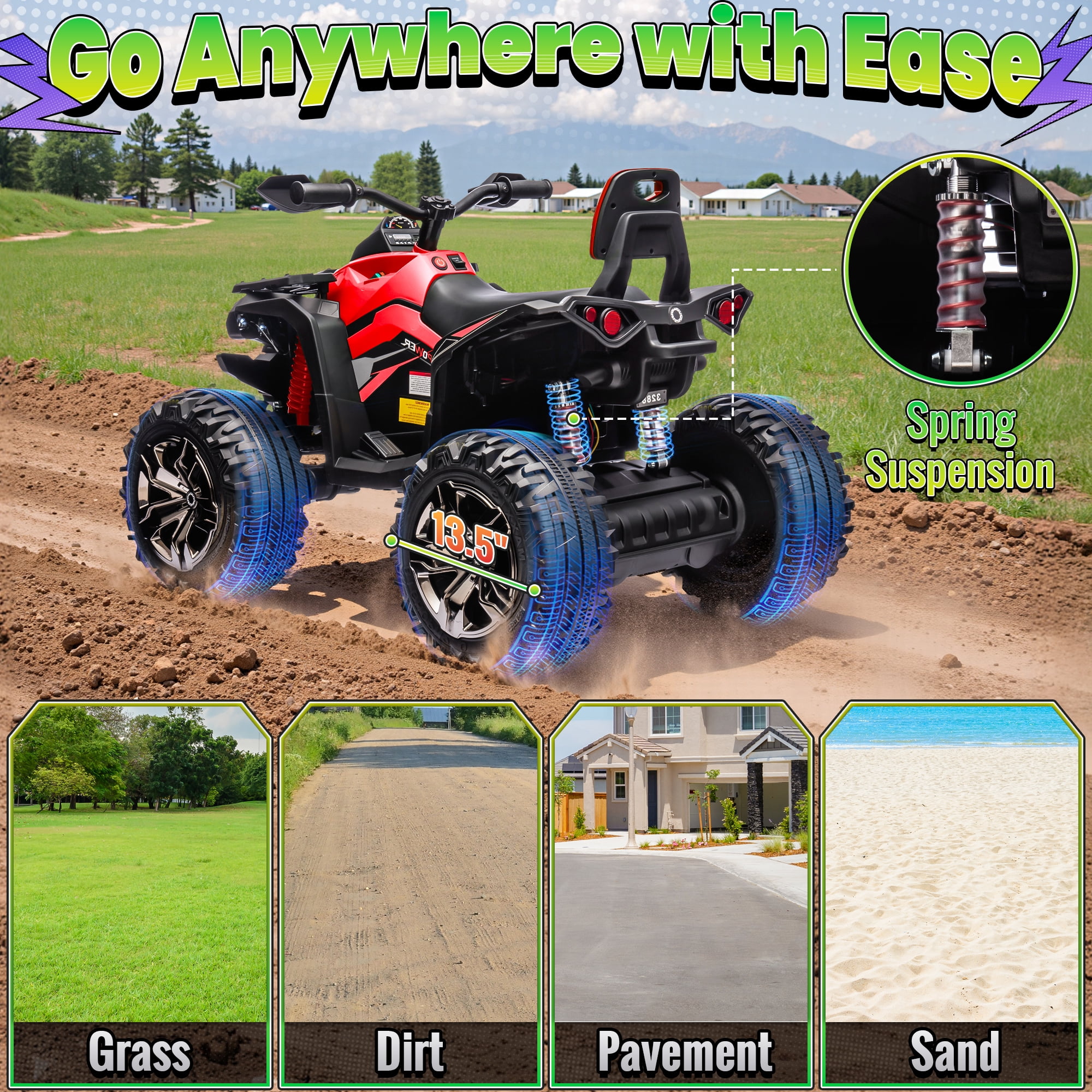 Joyracer 4WD ATV for Kids, 24 Volt Ride on Toys, Power ATV Wheels with 800W Motor, Remote, Bluetooth Music, Horn, LED for Big Kids Gift, Red
