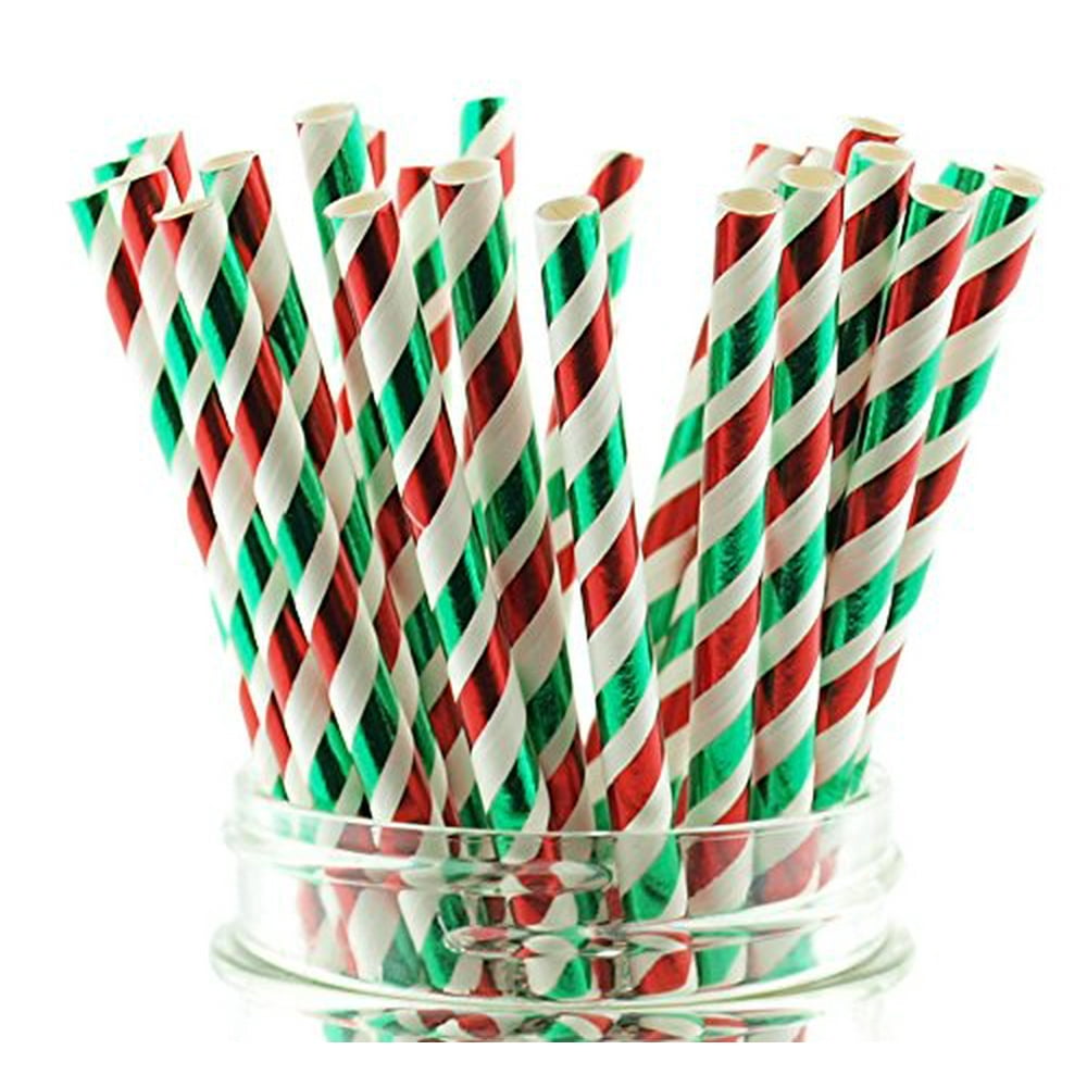 Christmas Shiny Tinsel Foil Straws (25 Pack) Red & Green Candy Cane