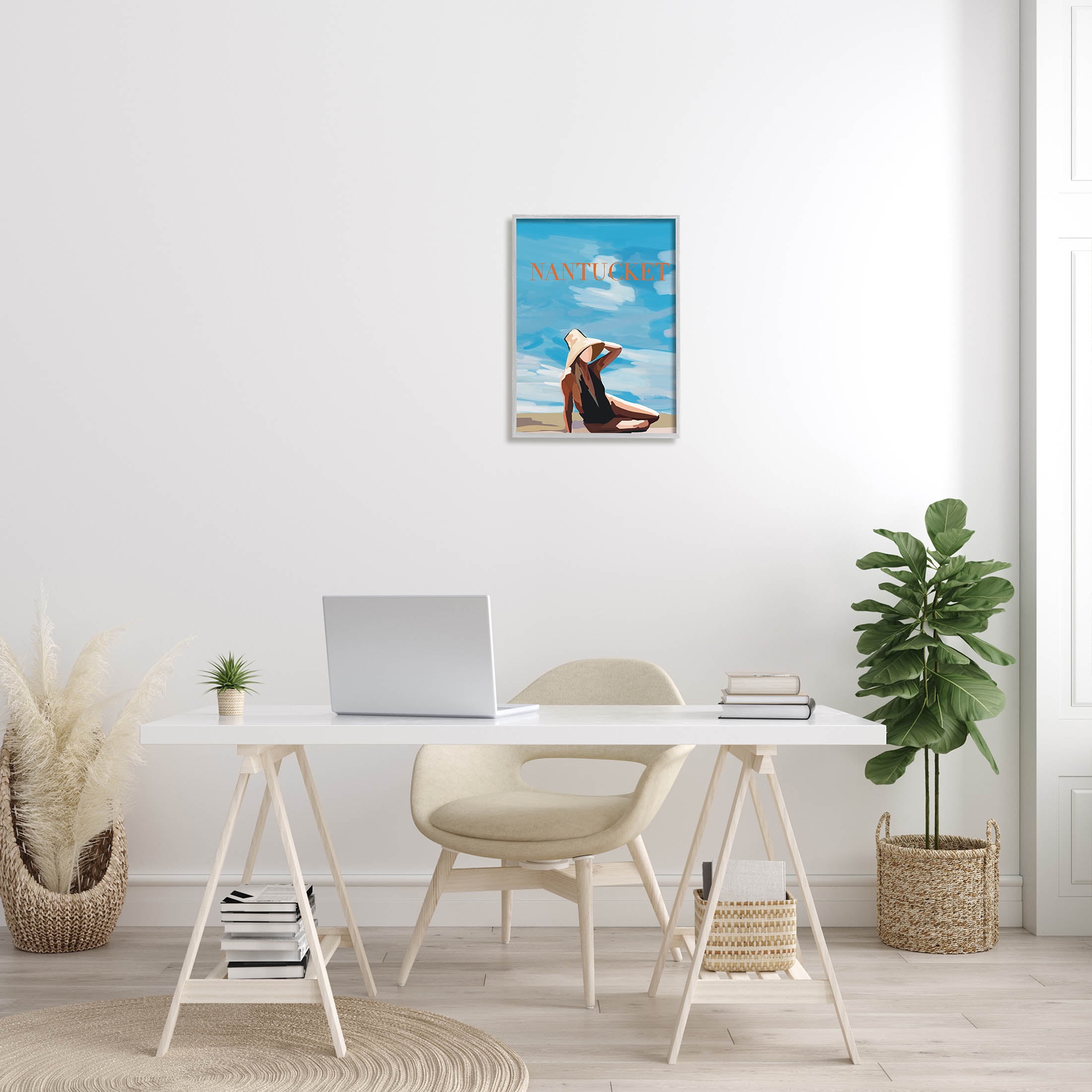 Stupell Industries Nantucket Summer Beach Girl Graphic Art Gray Framed Art Print Wall Art, Design by Amelia Noyes
