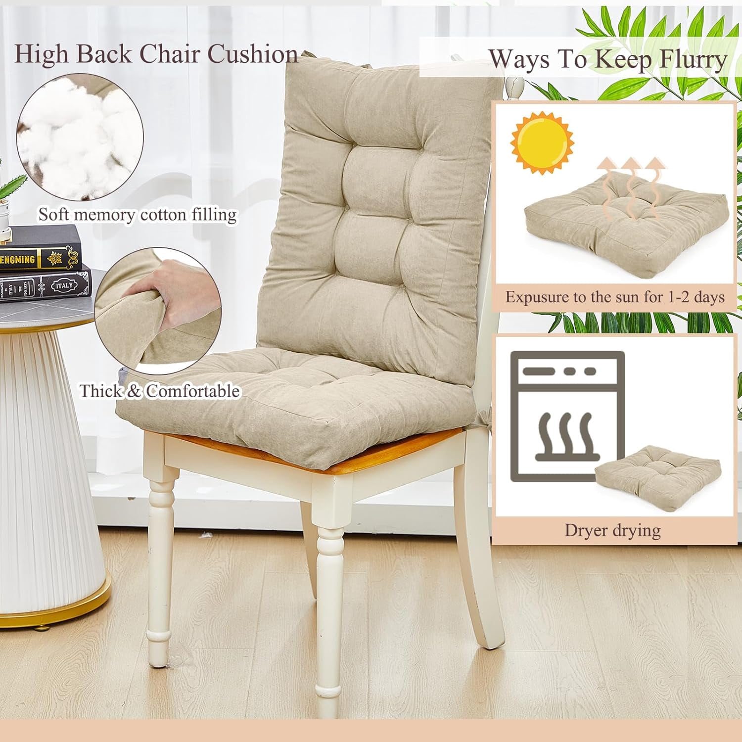 4 Sets Outdoor Patio Chair Cushions Seat High Back Tufted Pillow Replacement Rocking Chair Cushions Pads for Patio Summer Seasonal Indoor Home Office(Beige)