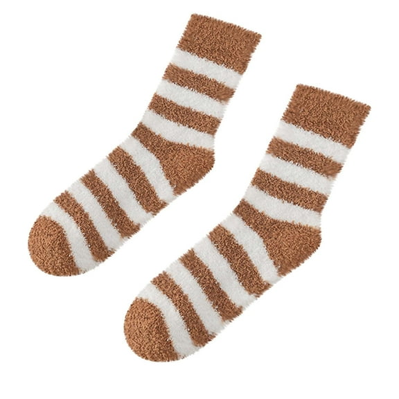 Xfvqtps Womens Fuzzy Socks Coral Fleece Mid Tube Stripe Simplicity Thickened Comfortable Soft Cozy Indoor Sleep Warm Winter Fluffy Socks Khaki