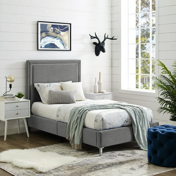 Inspired Home Raffaele Velvet Platform Bedframe Twin Size Nailhead Trim, Grey