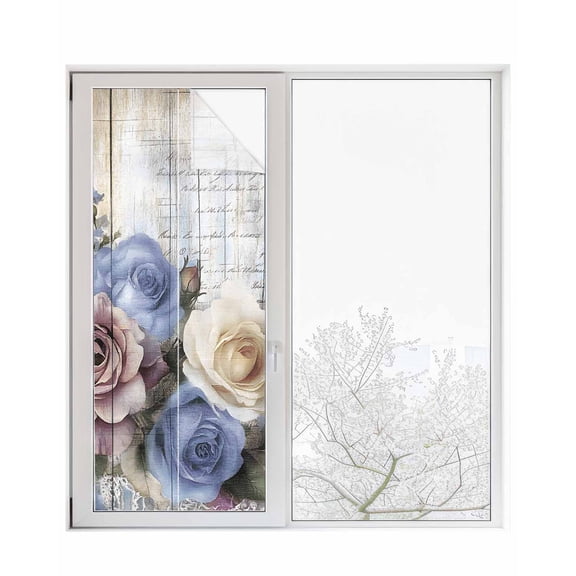 Window Privacy Film Blue Pink Roses Stained Glass Window Film Decorative Sun Block Window Cover Retro Botanical Flowers Wooden Window Clings Static Adhesive Sticker for Bathroom 23.6"x59"