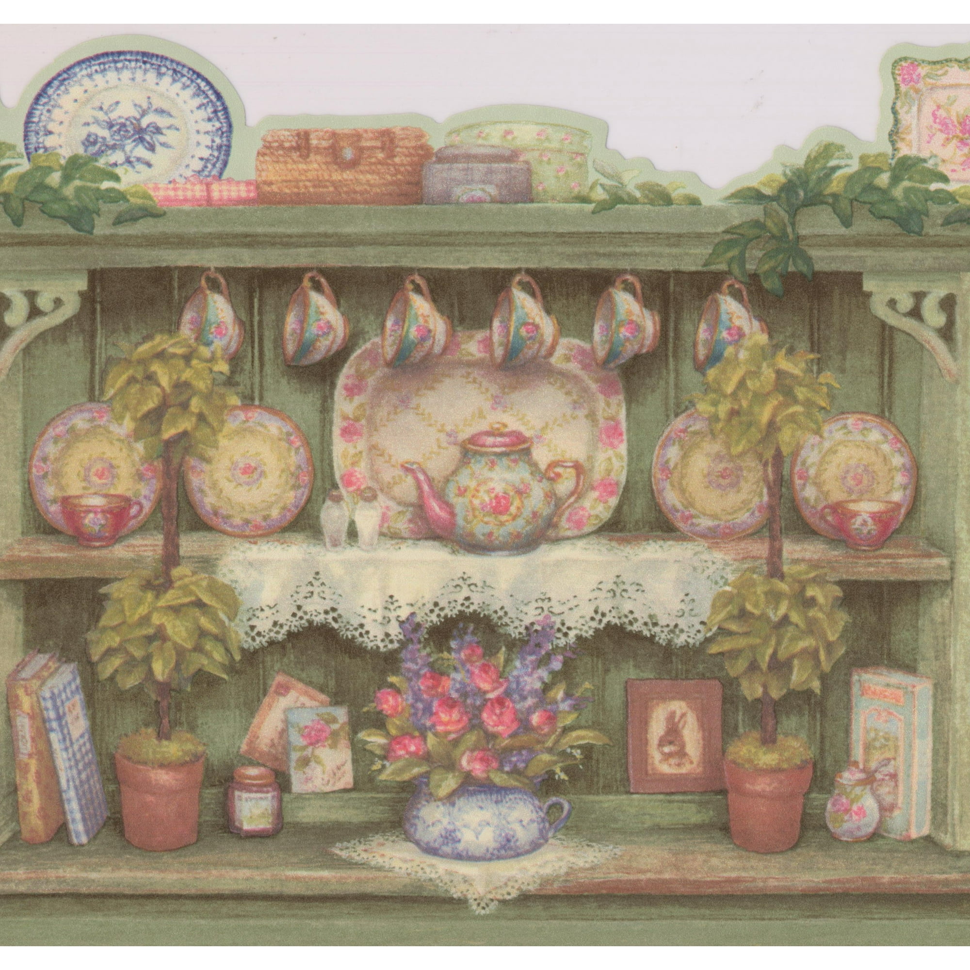 Vintage Green Wooden Kitchen Cabinets With Plates Cups Plants