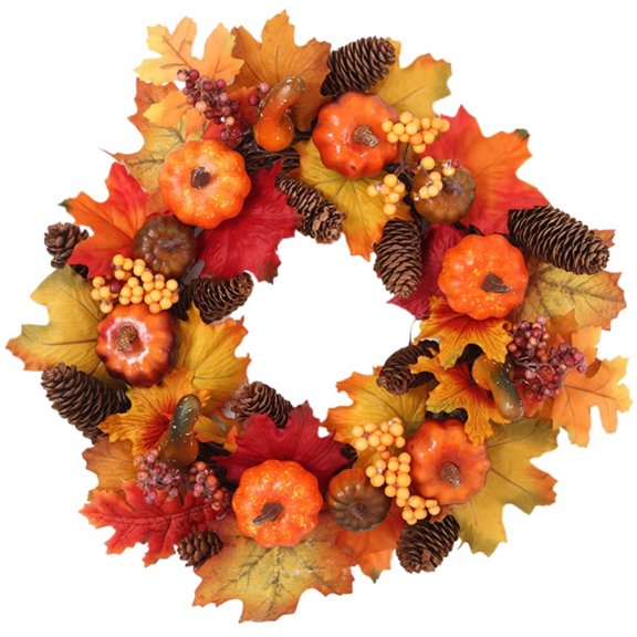 16 Inches Fall Wreath Front Door Thanksgiving Wreath Autumn Harvest Wreath Artificial Farmhouse Wreaths Indoor Outdoor Halloween Decoration with Pumpkins Berry Maple Leaf Pine Cone Home Decor