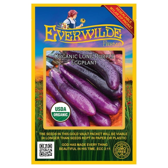 Everwilde Farms - 125 Organic Long Purple Eggplant Seeds - Gold Vault Jumbo Bulk Seed Packet