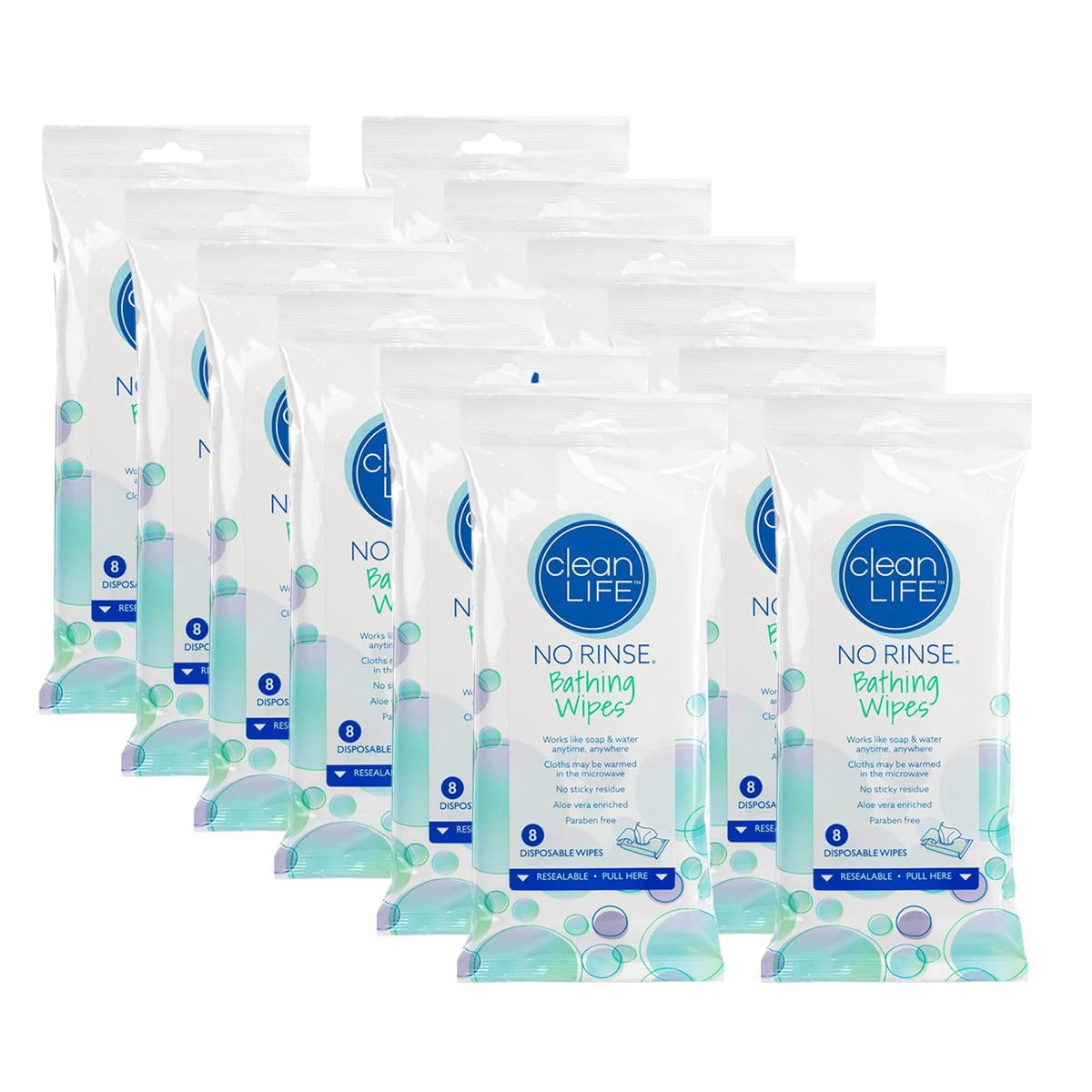 No-Rinse Bathing Wipes, Alcohol-free, 8 x 8 In., Lightly Scented, Soft Pack of 8, 12 Count