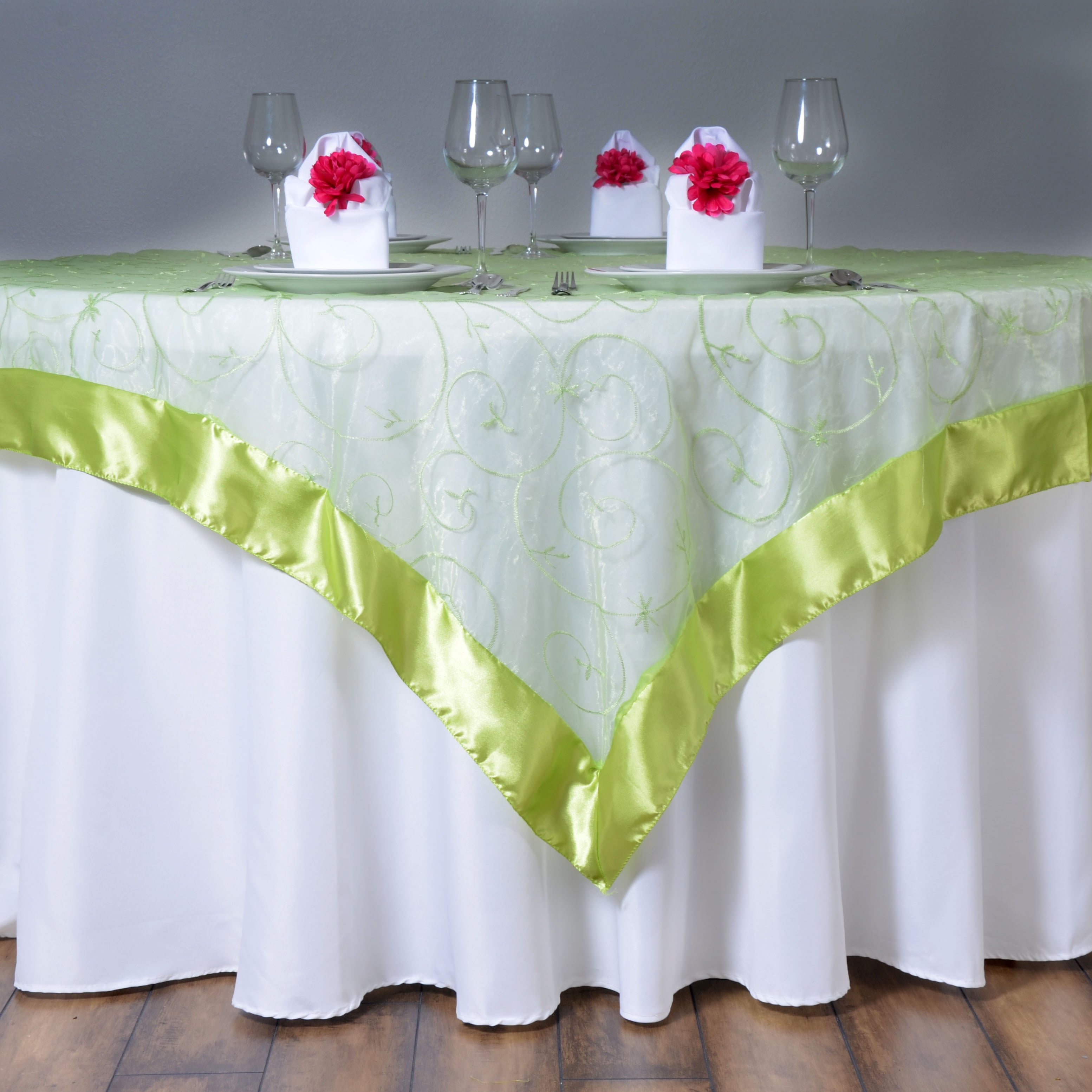 Wedding Reception Party Table Decorations BalsaCircle 72x72-Inch Apple Green Embroidered Sheer Organza Table Overlays