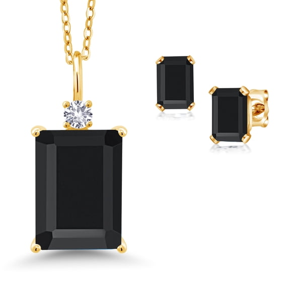 18K Yellow Gold Plated Silver Black Onyx and White Created Sapphire Pendant Necklace Earrings Set for Women (7.85 Cttw, Gemstone Birthstone, Emerald Cut 14X10MM and 6X4MM, with 18 inch Chain)