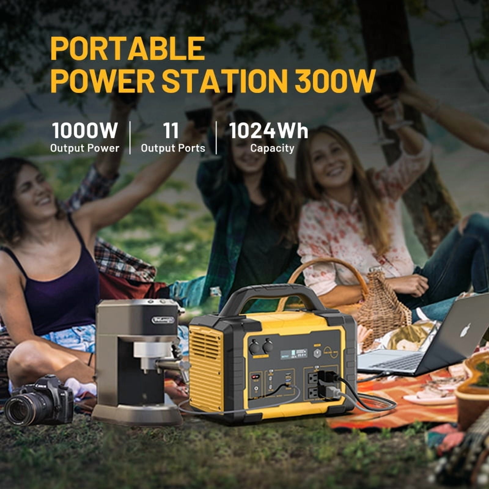 1000W Portable Solar Generator, 1024Wh LiFePO4 Battery Power Station with 120V AC Outlets, Backup Power Supply for Camping, Outdoor Travel, RV, and Home Emergency-Yellow