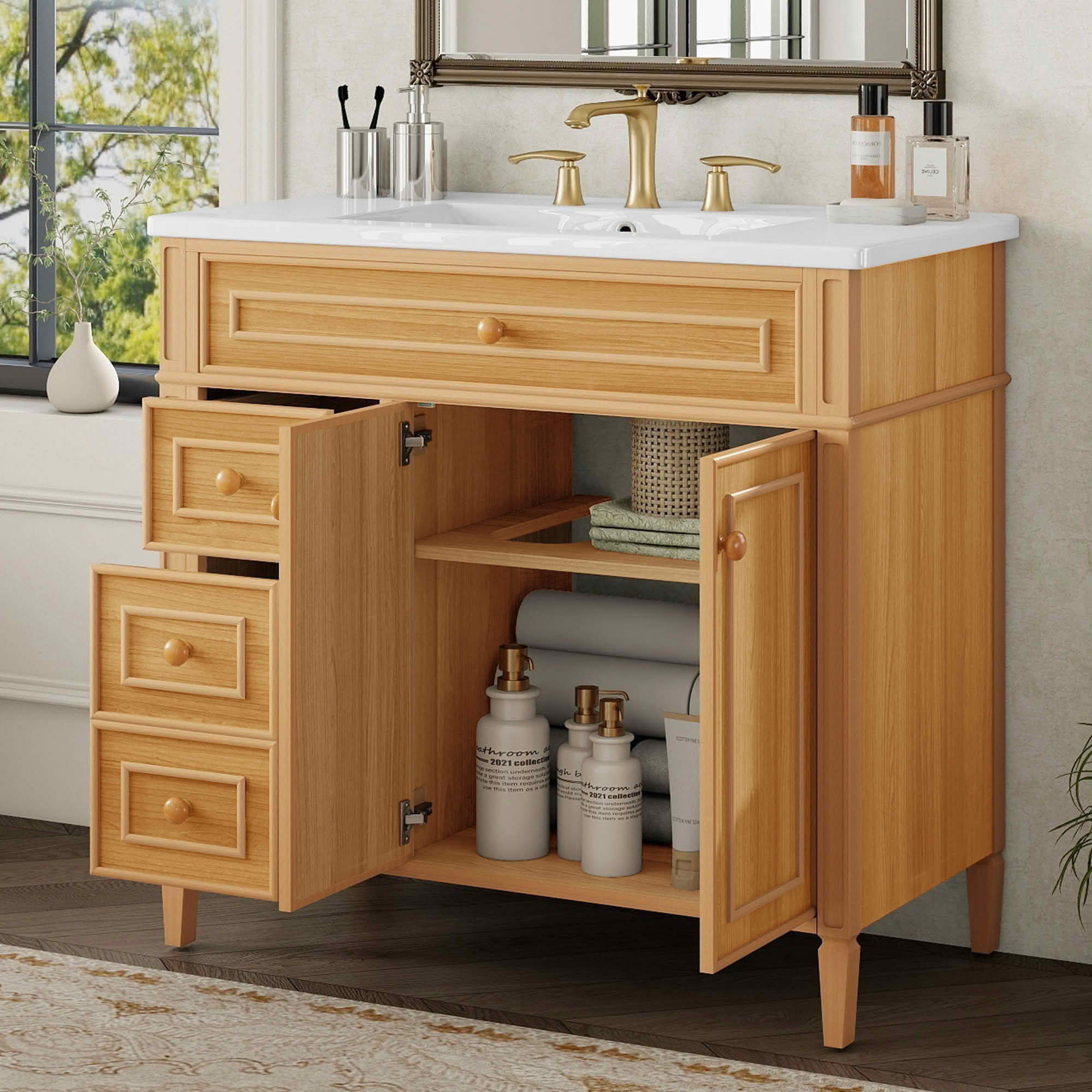 MAYEERTY 30" Bathroom Vanity with Sink Green MDF Rubberwood 3 Drawers Adjustable Shelf Freestanding