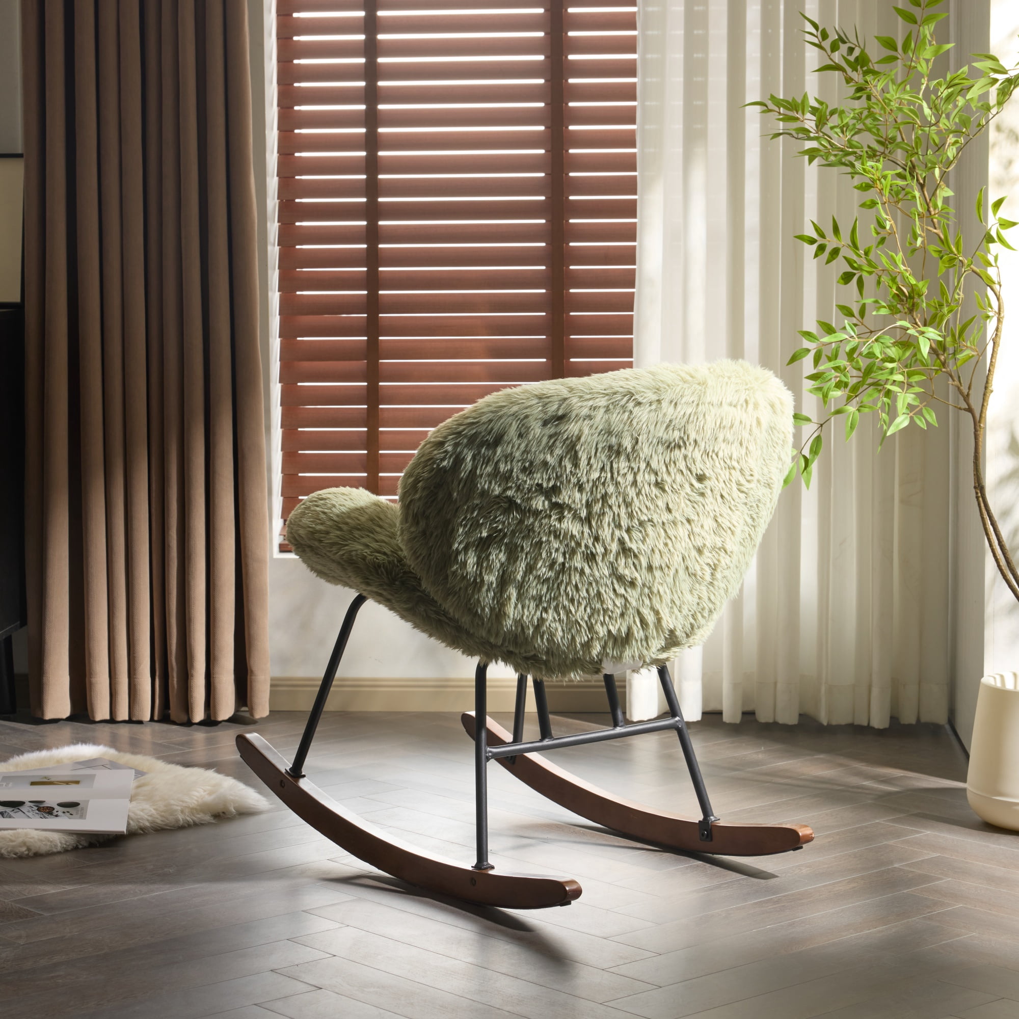 Zimtown Nursery Rocking Chair, Long Pile Fabric Upholstered Rocker Glider, Rocking Accent Chair with Wooden Frame for Living Room Bedroom, Green