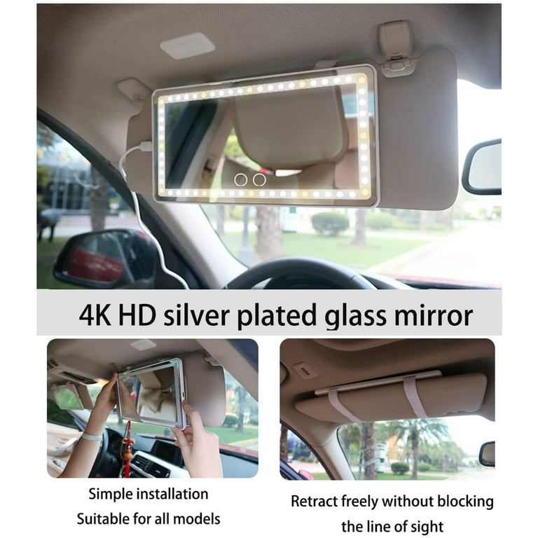 Petmoko Car Sun Visor Vanity Mirror with 60 Led Light Travel Vanity Mirror  Dimming Touch Sensor to Adjust Three-color Light Mode USB Power Detachable  General Model(Black) 