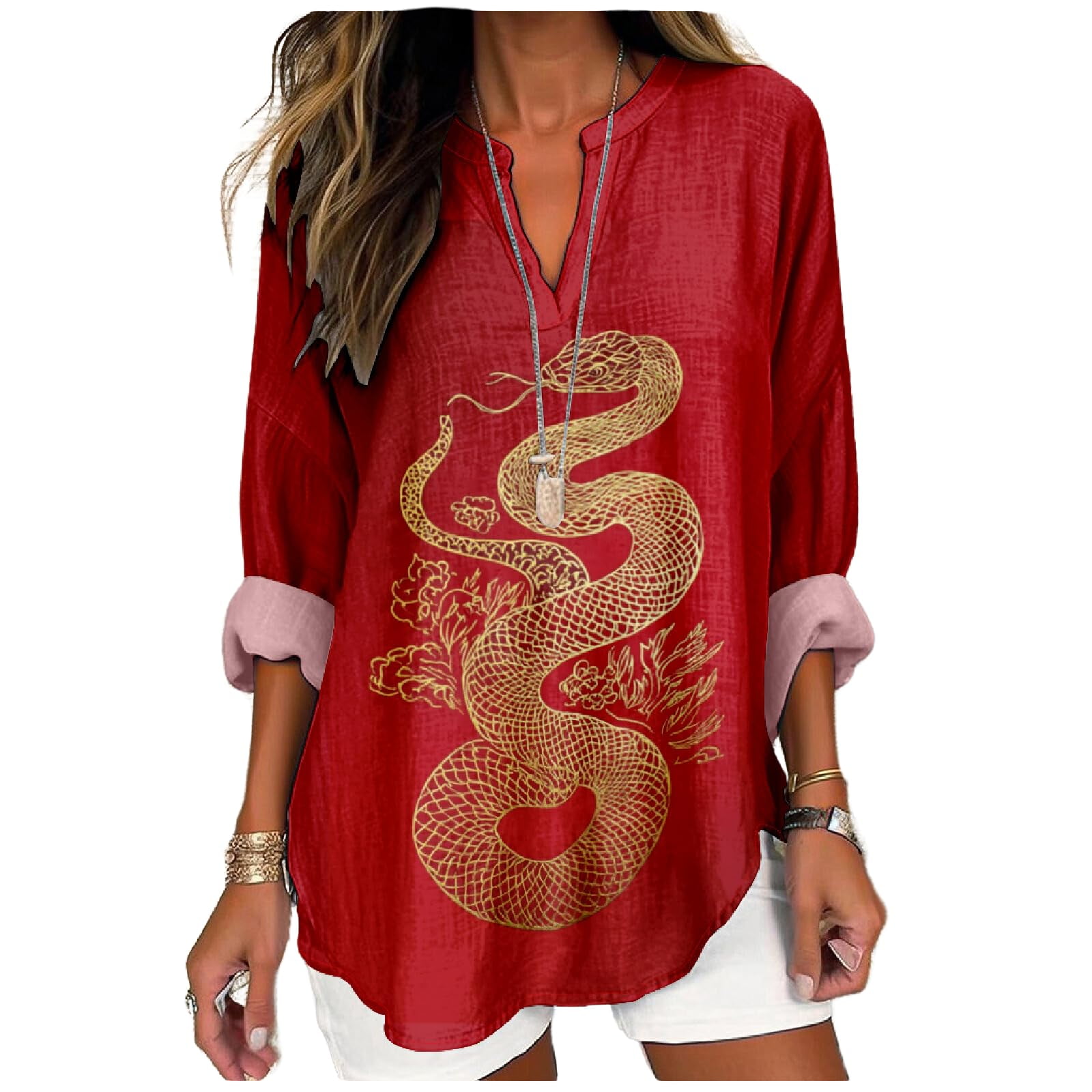 Blusa MARSVOVO con cuello en V de gran tamaño con estampado de