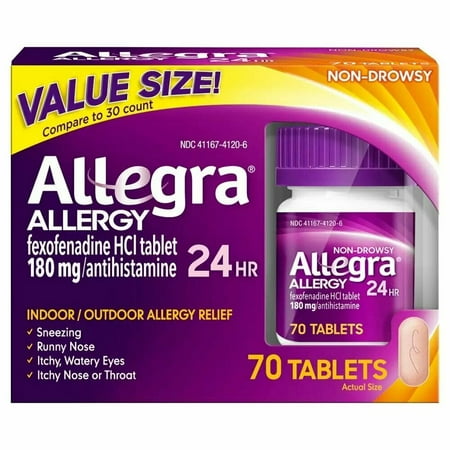 Allegra 24 Hour Allergy Relief Tablets 180 mg 70 Count Allegra 24 Hour Allergy Relief Tablets 180 mg 70 Count INCLUDES: 70-count bottle of Allegra Adult Non-Drowsy Antihistamine Tablets for 24-Hour Allergy Relief 24-HOUR RELIEF: One pill is all you need for round-the-clock relief from your worst allergy symptoms FAST-ACTING: Allegra 24-Hour Allergy starts working in one hour for fast relief from sneezing  runny nose  itchy and watery eyes  and itchy nose or throat NON-DROWSY: Formulated with active ingredient fexofenadine  a non-drowsy antihistamine INDOOR & OUTDOOR ALLERGIES: Use Allegra tablets for indoor and outdoor allergies  including seasonal allergies and pet allergies