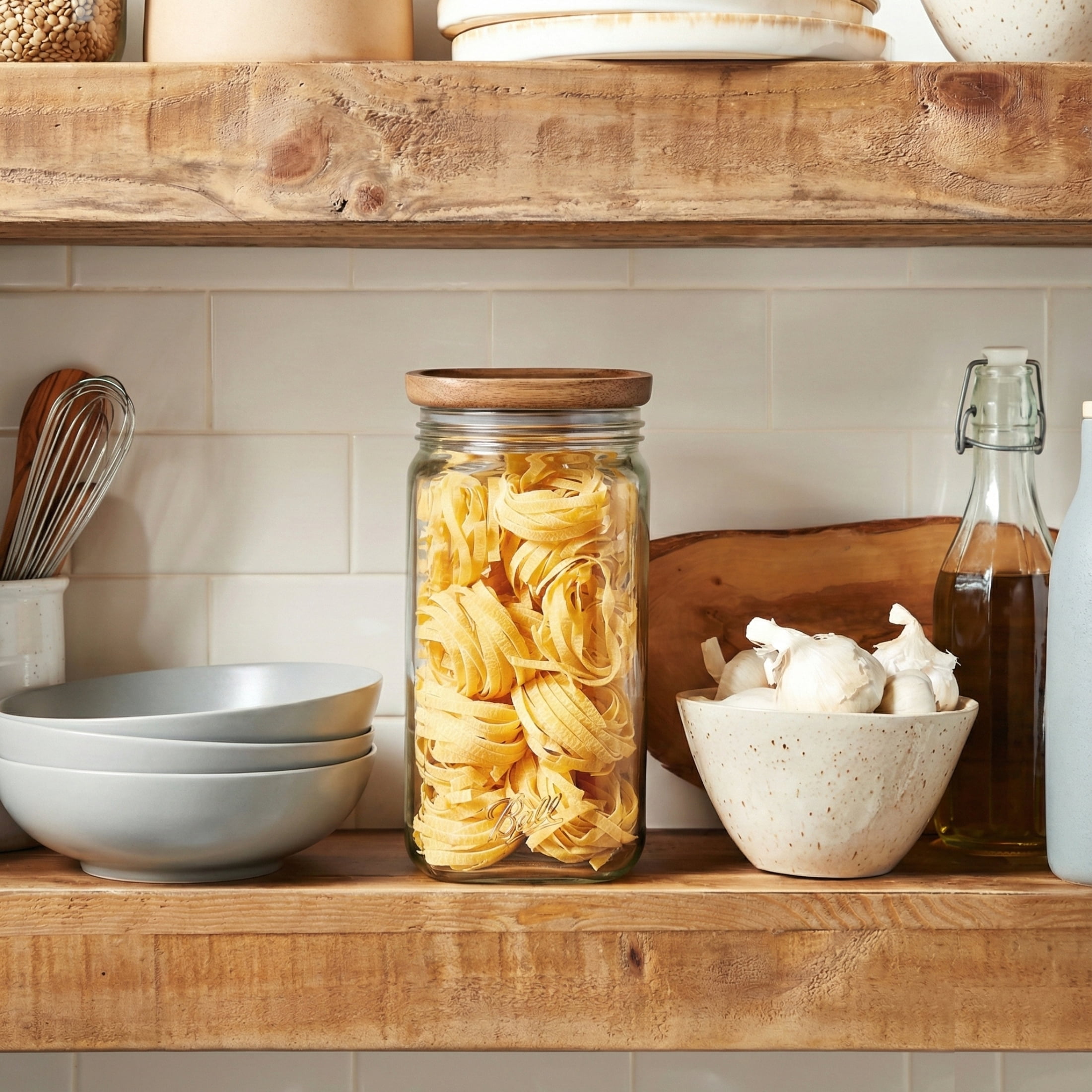 (2 pack) Ball Stack & Store Glass Storage Jar with Airtight Wooden Lid, 9.9 Cup (2.34 L), Super Wide Mouth