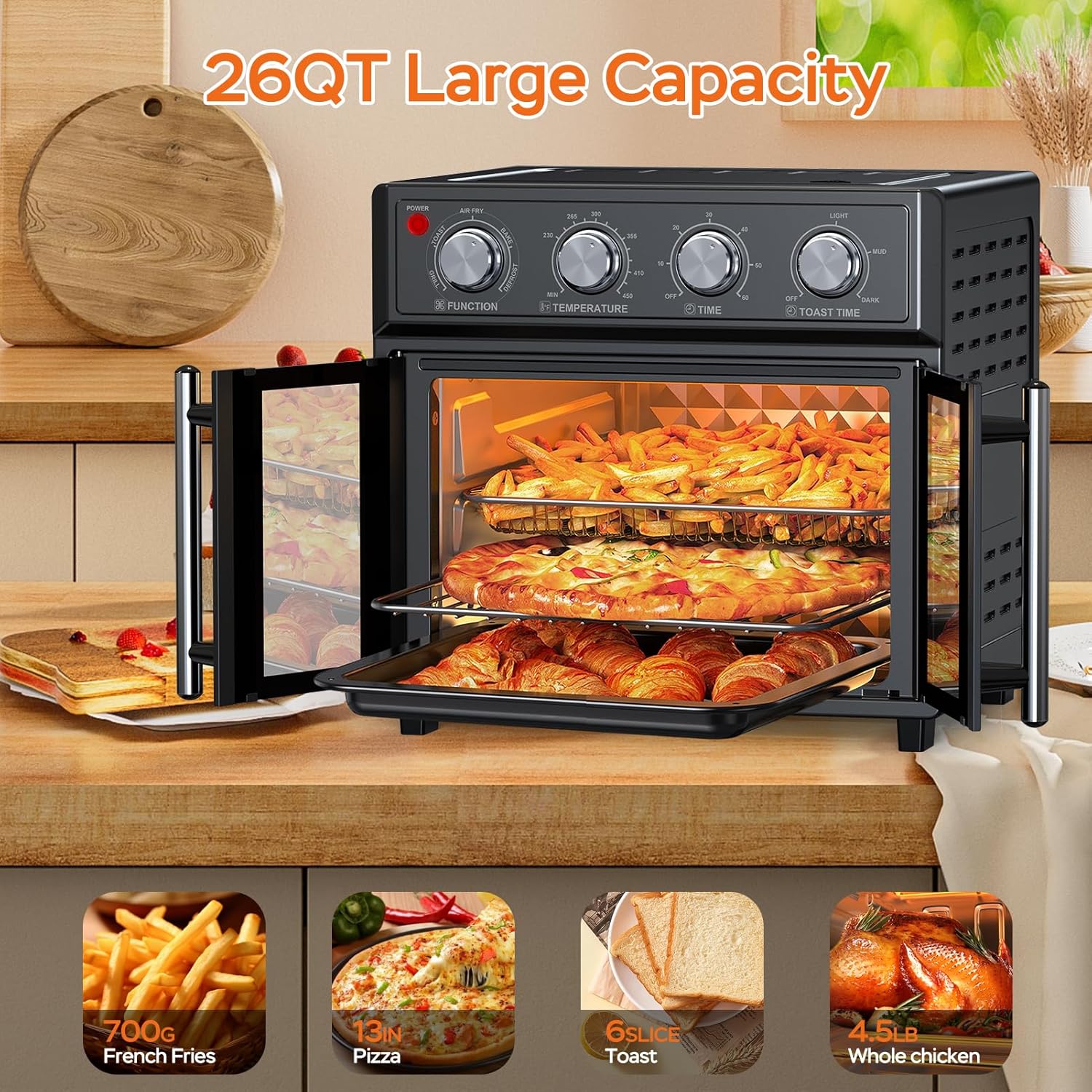 PlumChef 26QT Large capacity French Double-Door Air Fryer Convection Toaster Oven, 1700W, 7 Preset Menus, 7-in-1 Multi-Function for Bake, Roast, Grill, Toast, Dehydrate Defrost, Stainless Steel,Black