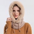 thumbnail image 4 of URMAGIC Winter Hats for Women, Warm Hooded Head Scarf Wrap Knitted Faux Fur Fleece Balaclava Hat with Drawstring Beige, 4 of 4