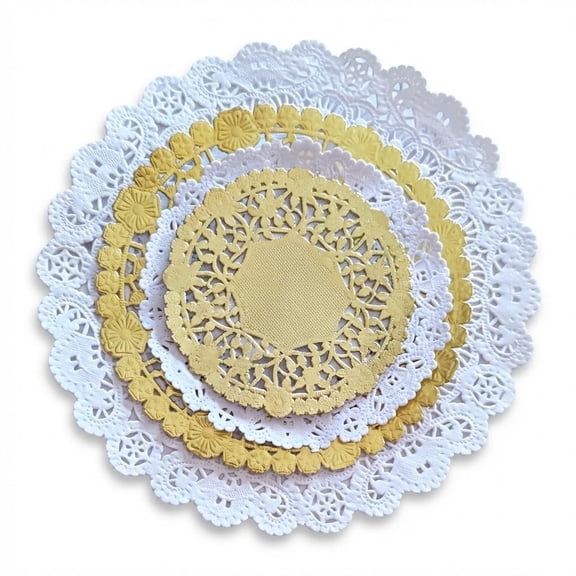 The Baker Celebrations Gold and White Paper Lace Doilies, Assorted Round Sizes, Combo Pack of 100 – 4 Size Variety for Cakes, Crafts, Parties, and Table Decor