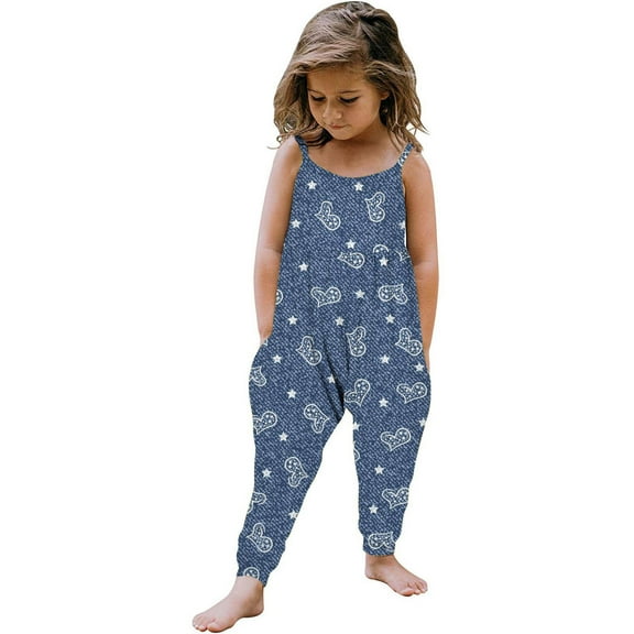 uublik Girls' Jumpsuits Rompers Spaghetti Straps Long Pants Rompers With Pockets Blue, Size 1T-6