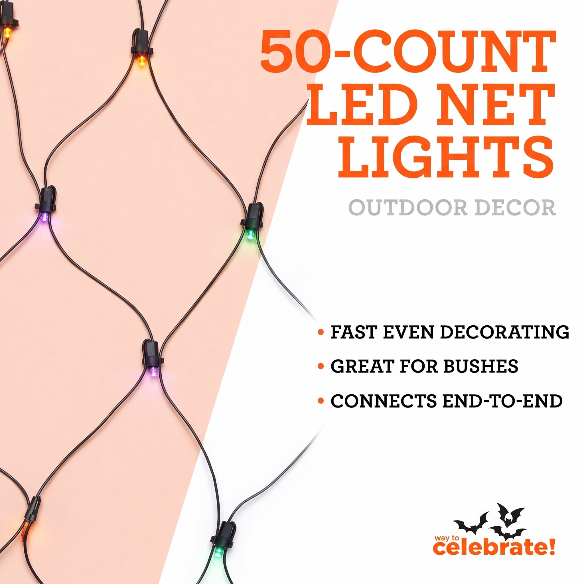 Indoor/Outdoor 50-Count LED Net Lights, Multicolor, 4' x 4', Halloween by Way To Celebrate