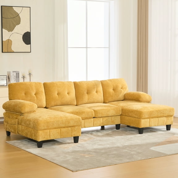 Leumius U Shaped Sectional Sofa, 103.5" Chenille Fabric Couch with Double Chaise Lounges, U Shaped Couch for Living Room, Yellow