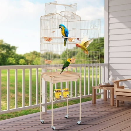 Bird Cage with Stand for Lovebirds Jaulas para Pajaros Parrot Cages for Large Birds with Play Top Parakeet Cage Large for Birds with Rolling Stand for Medium Canaries, Lovebirds, Parrots, Almond