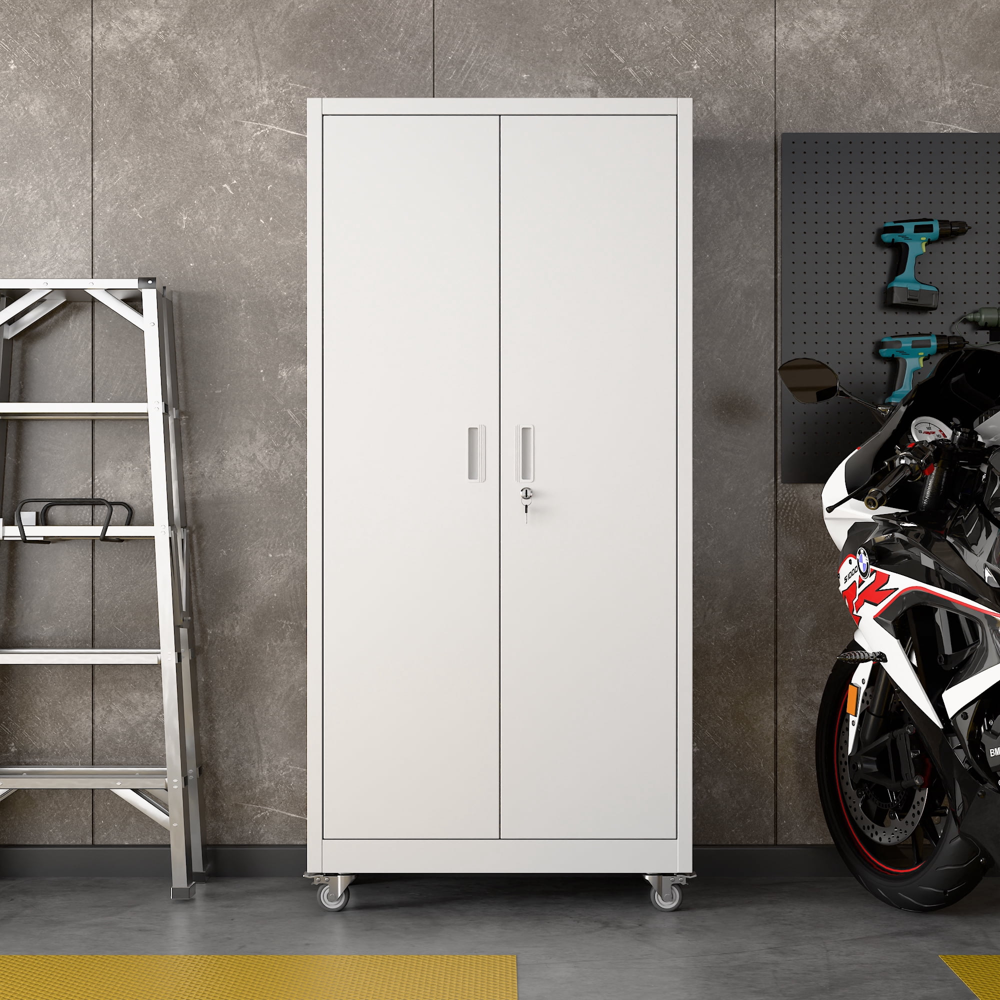 Aobabo Metal Storage Cabinet with Wheels & Pegboards,Office Storage Cabinet with Lock & Shelves,71H''*32''W*16''D Steel Garage Cabinet for Office Home,White Required-Assembly
