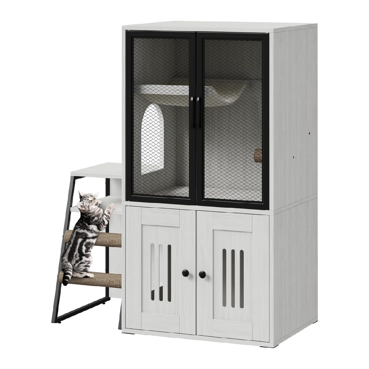 2-Tier Cat Litter Box Furniture - Enclosed Hidden Litter Box Cabinet with Doors, Storage Shelf & Step Ladder - Discrepet Cat Toilet Furniture for Home Decor, Large Size for Multiple Cats