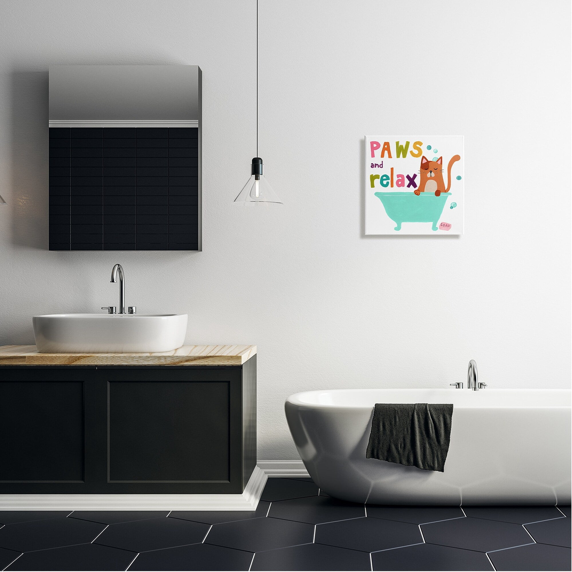 Stupell Industries Paws & Relax Cat Bathtub Bathroom Restful Phrase Graphic Art Gallery Wrapped Canvas Print Wall Art, Design by June Erica Vess
