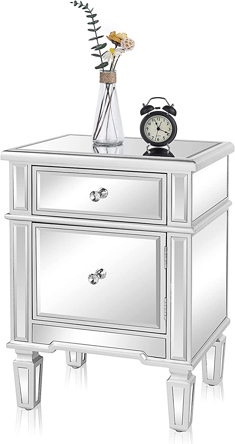 VINGLI Modern Nightstand Mirrored Bedside Table with 1 Drawer and 1