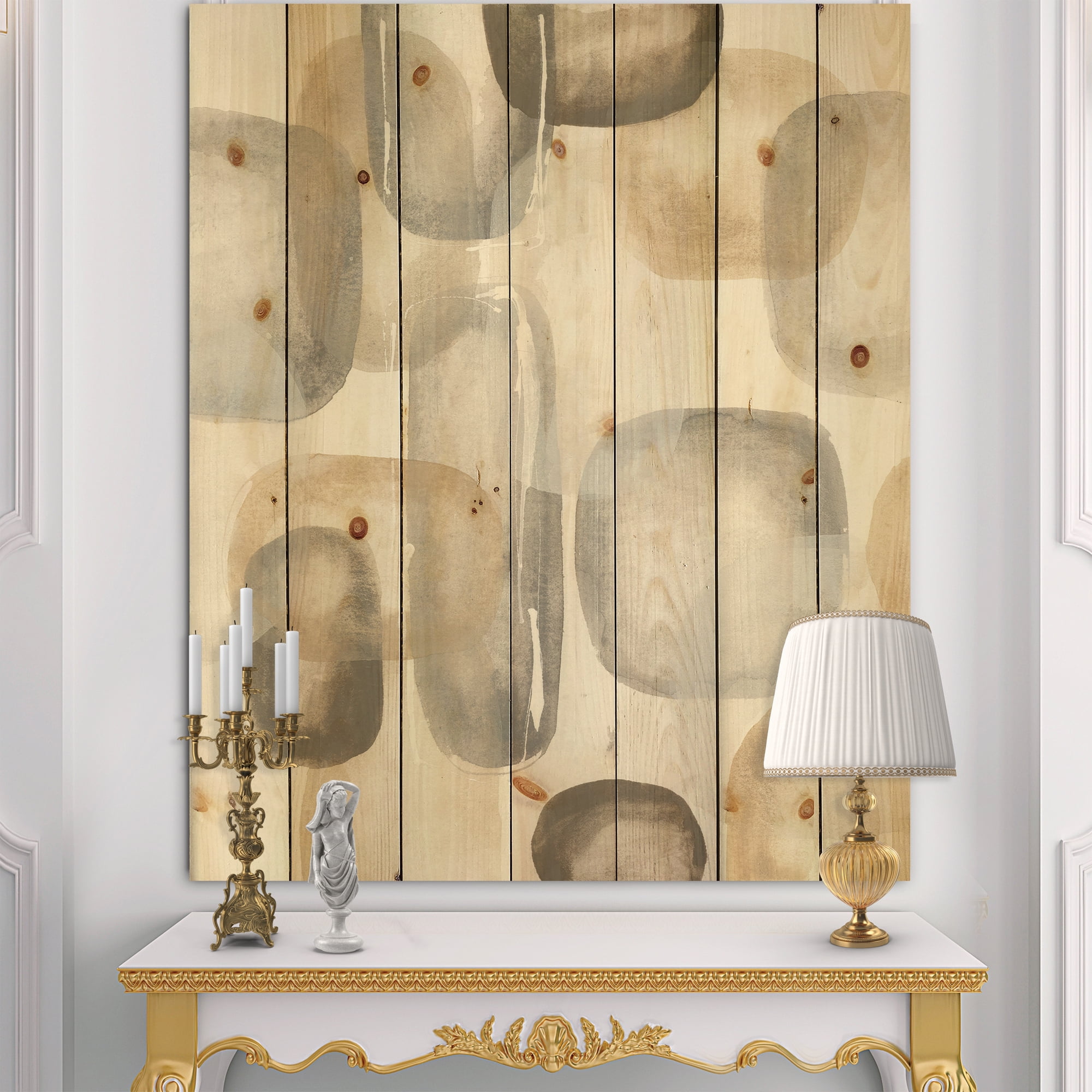 Designart 'Neutral Oval Grey Stones I' Modern Glam Print on Natural Pine Wood