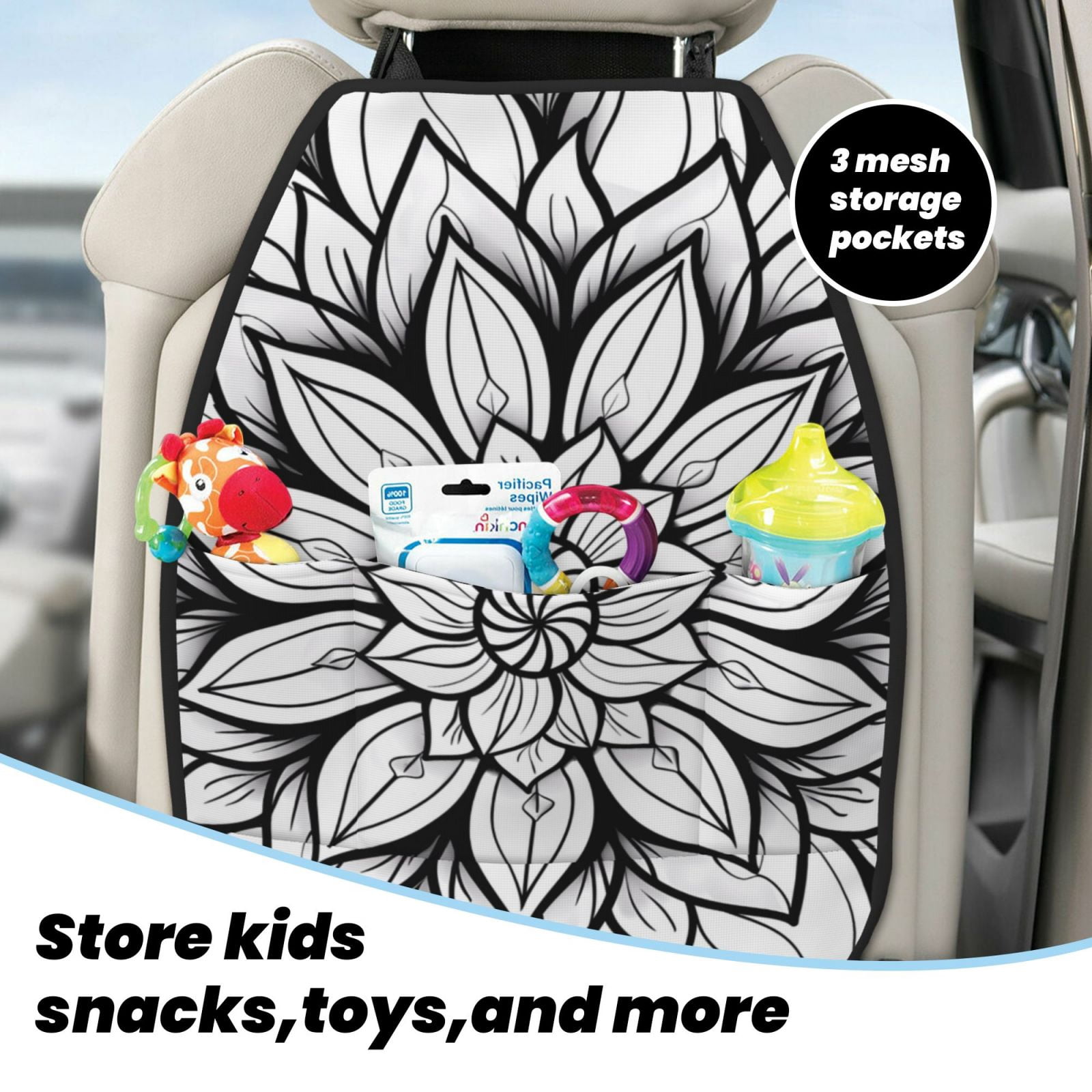 Kdxio Mandala Floral Line Art Print 2 Pack Car Kick Mat Seat Cover Back Protector Mat with Pockets for Organizer Backseat Protector and Storage Anti Kick Pad for Vehicles
