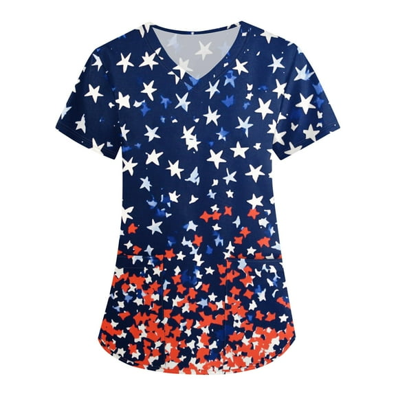 July 4Th Shirts For Women, Scrubs Tops Of V Neck Short Sleeve Workwear With Pockets Red White And Royal Blue American Flag Top Nursing Scrubs Tops Women Tank Top Tank Outfits (XXL, Blue) ZMTing
