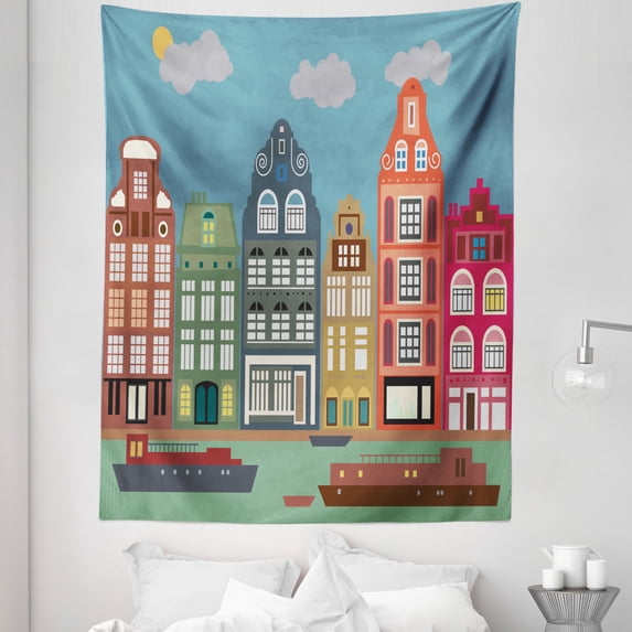 Amsterdam Tapestry, Urban Cityscape Colorful European Houses and Ships in the Capital of Netherlands, Fabric Wall Hanging Decor for Bedroom Living Room Dorm, 5 Sizes, Multicolor, by Ambesonne