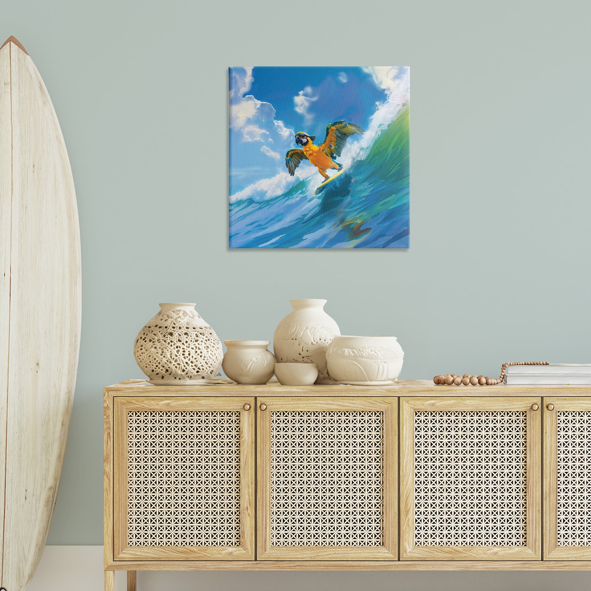 Stupell Industries Parrot Surfing Sea Waves Nautical & Beach Painting Wrapped Canvas Art Print Wall Art, 30 x 30