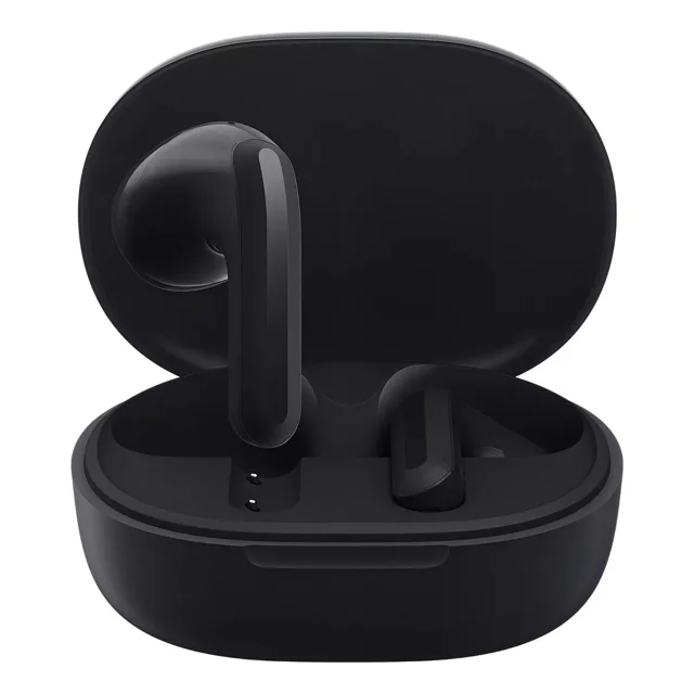 auriculares in-ear gamer inalámbricos redmi redmi buds 4 lite m2236e1 negro Vista frontal centrada de los audífonos Redmi Buds 4 lite M2236E1 en negro con estuche de carga abierto; dos auriculares in-ear con tallo corto, acabado mate, almohadillas integradas y contactos metálicos visibles en el interior del estuche, fondo blanco. A menudo usados para sesiones de juego móvil o llamadas manos libres.
