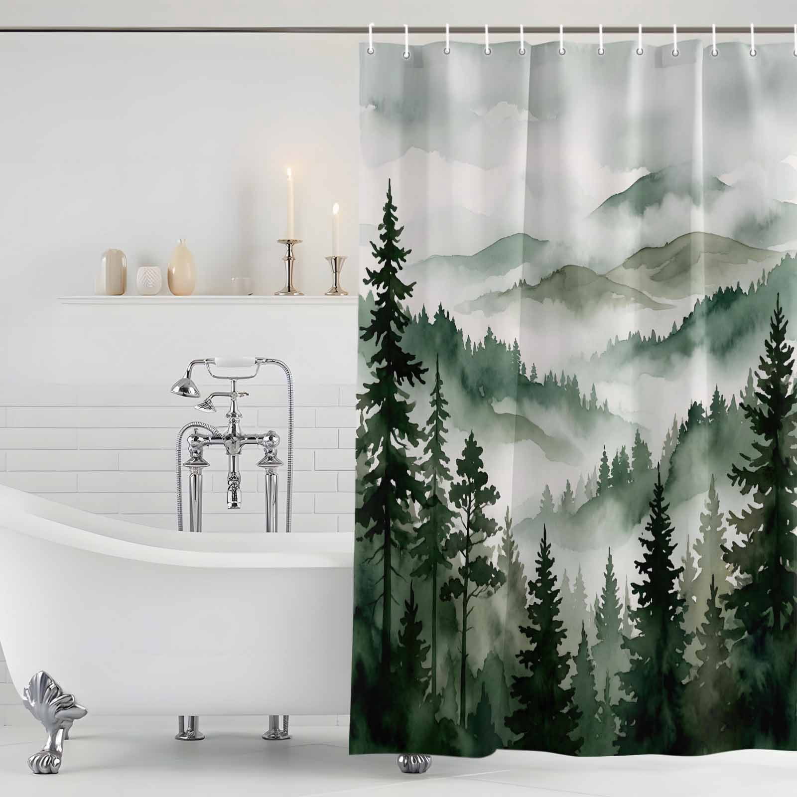 Shower Curtain Bathroom Set Forest Green Gradient Tree Mountain Waterproof Fabric Shower Curtains with Grommets&Hooks, Natural Scenery Privacy Bath Curtain for Bathtub 36x72in
