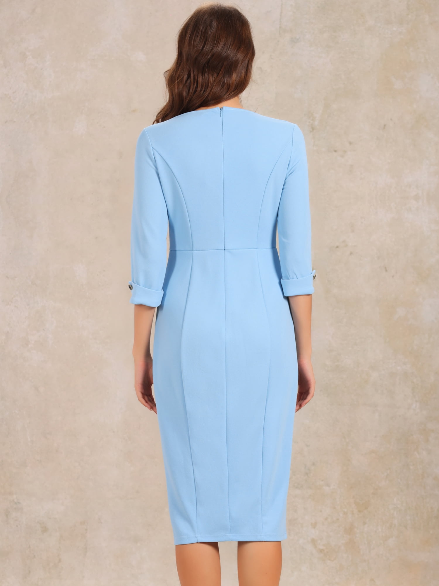 DARING DIVA Elegant Boat Neck 3/4 Sleeves Midi Split Sheath Dress M Sky Blue