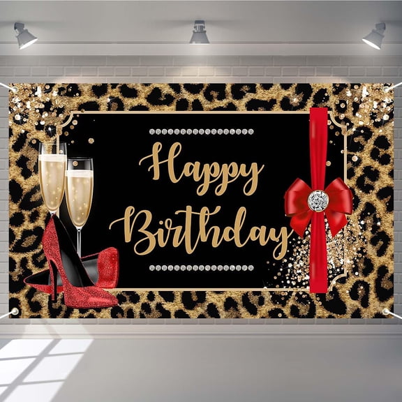 Leopard Print Birthday Backdrop Red Gold Glitter High Heels Birthday Photography Background for Women Red Bow Champagne Any Age Birthday Party Decorations Banner Photo Booth Props