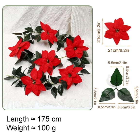 Christmas Poinsettia Garland, Red Green Mantel Decor, Stackable Holiday Vine, Adds Full Festive Blooms and Bends for Custom Shaping for Mantel, Staircase, and Party Backdrop.