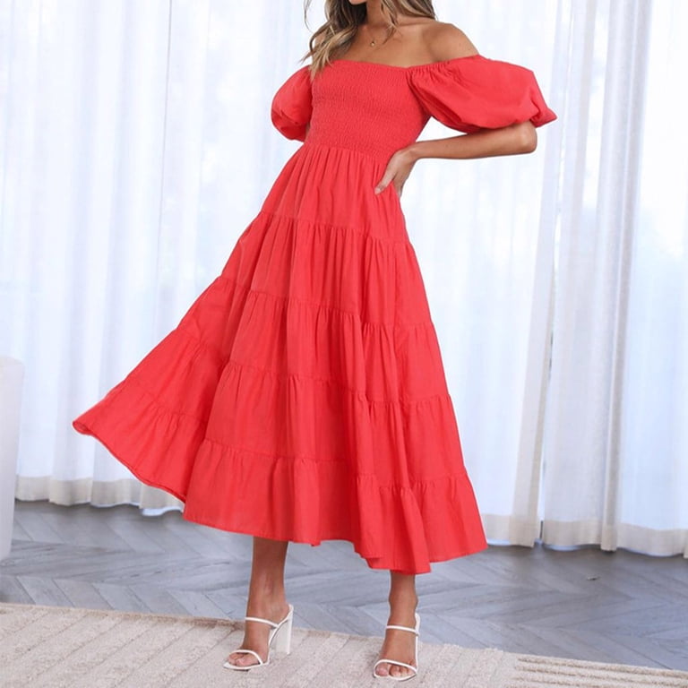 Quyuon Womens Off the Shoulder Midi Dresses Summer Off Shoulder Puff Short Sleeve Solid Color Casual Flowy Loose A Line Dress Ruffle Tiered Long