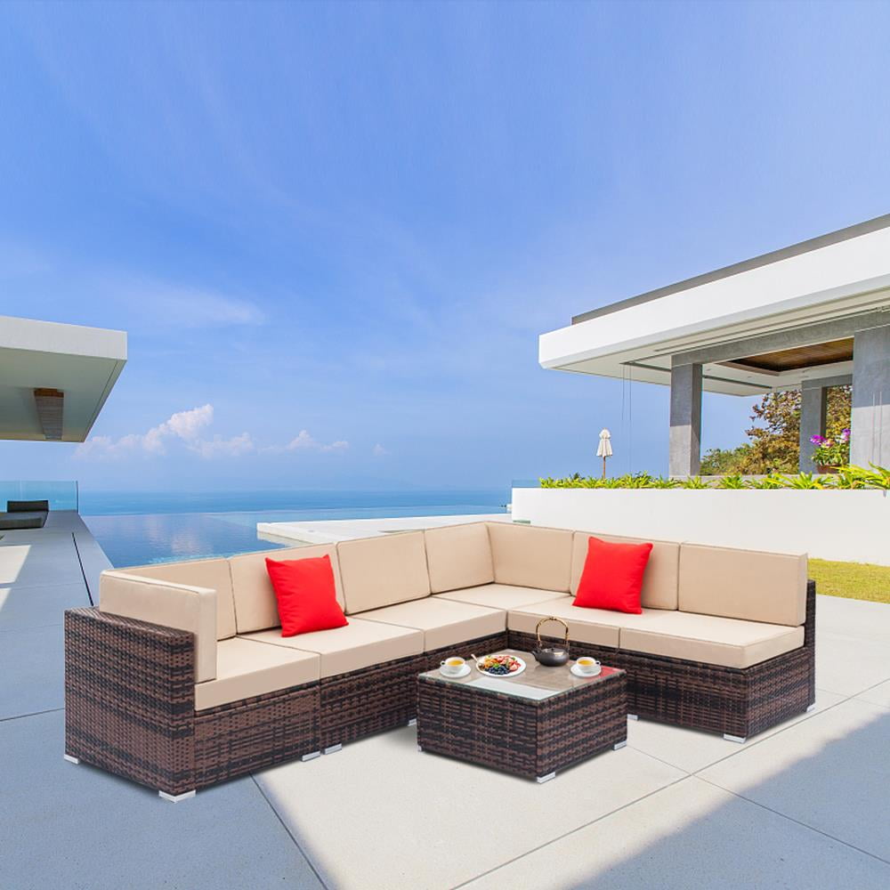 Ktaxon 7 PCS Patio Sectional Rattan Furniture Set PE Rattan Outdoor Wicker Furniture Couch Set  w/ Cushions for Deck Poolside