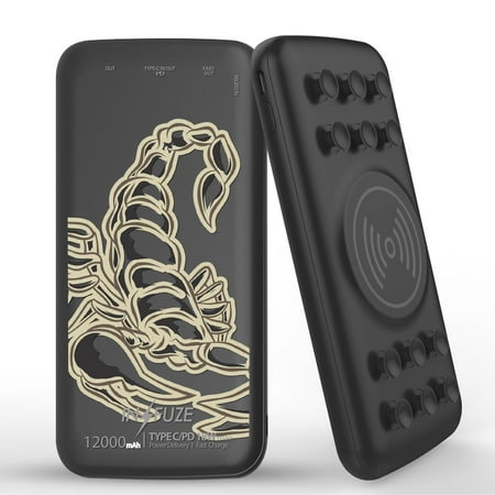 

INFUZE Qi Wireless Portable Charger for REVVL V+ 5G External Battery (12000 mAh 18W Power Delivery USB-C/USB-A Quick Charge 3.0 Ports Suction Cups) with Touchless Tool - Scorpion