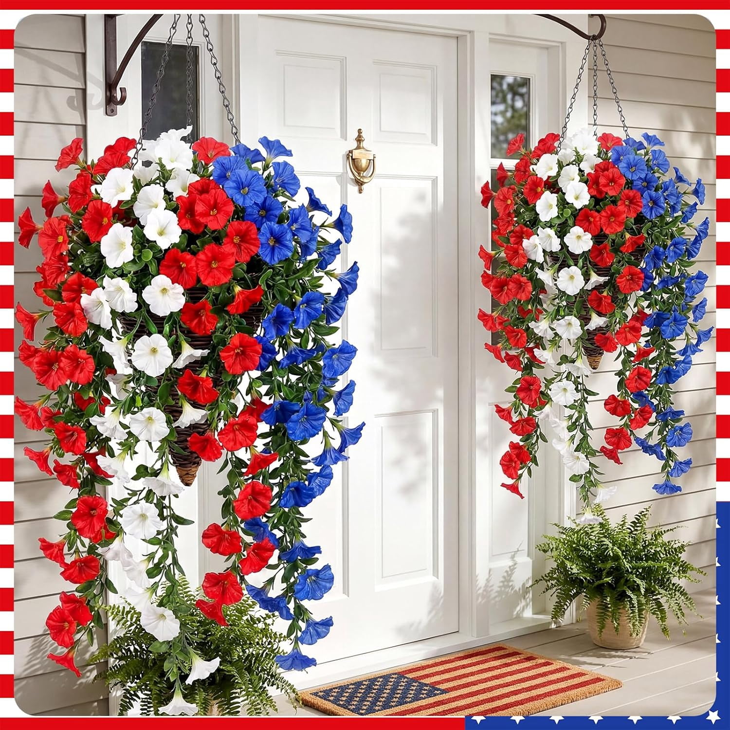 2PCS Red White Blue Artificial Hanging Flowers Outdoor, 250th Anniversary Patriotic Fake Flowers for 4th of July Independence Memorial Day Garden Yard Porch Patio Home Decor(C)