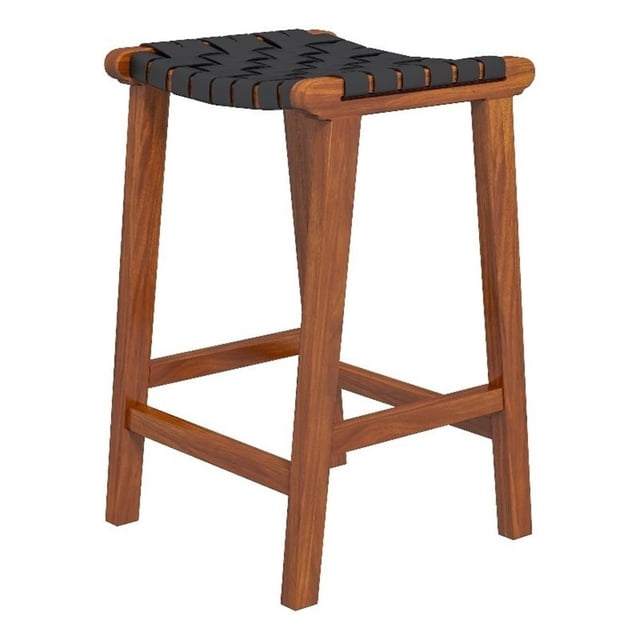 Phuket Mid Century Modern Saddle Genuine Leather Counter Stool in Black