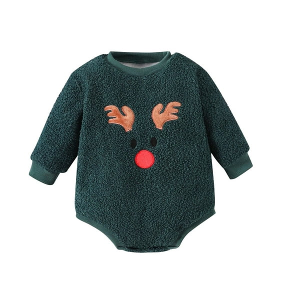 IVEYRTF Toddler Kids Christmas Moose Print Plush Romper Long Sleeve Snap Closure Fall Bodysuit Outfit for Boys and Girls 1-2 Years(Green,9 Months)