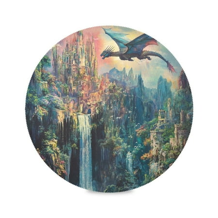 

WOBOGO Magic Dragon Castle Round Placemats Set of 1 Heat Resistant Washable Kitchen Table Decorations 15.4in