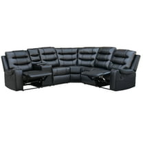 Hybition L-Shaped Reclining Sectional Sofa with Cup Holders, Storage Box, Manual Recliners, Black Faux Leather Home Theatre Corner Couch
